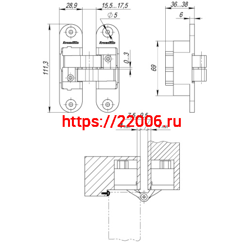 Петля Armadillo (Армадилло) скрытой установки U3D6200L CP левая (Architect 3D-ACH 60) хром 60 кг фото 3 Петля Armadillo (Армадилло) скрытой установки U3D6200L CP левая (Architect 3D-ACH 60) хром 60 кг фото 3