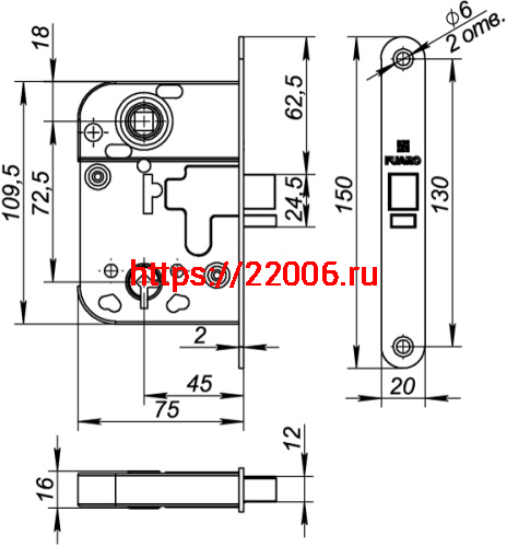 Замок Fuaro (Фуаро) врезной L.FIN2014/WC (2014-WC/S) CP хром фото 4
