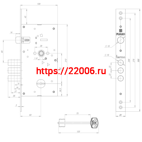 Замок Fuaro (Фуаро) врезной сувальдный TERMO MDV25/S-60.85.3R16 4 key (ключ удл. 120/75 мм) фото 3